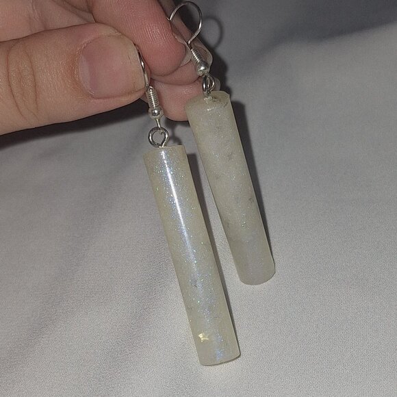 Artisan Handmade White Pearl Silver Star Cylinder Statement Earrings - Picture 2 of 7